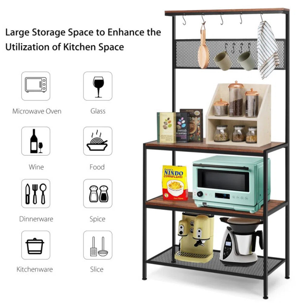 Kitchen Rack: 4-Tier Kitchen Rack Stand with Mesh Panel and Hooks