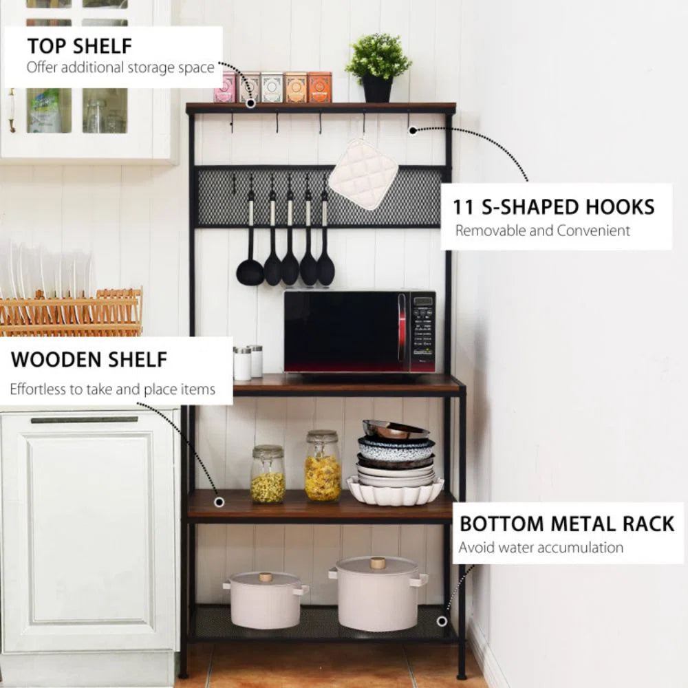Kitchen Rack: 4-Tier Kitchen Rack Stand with Mesh Panel and Hooks