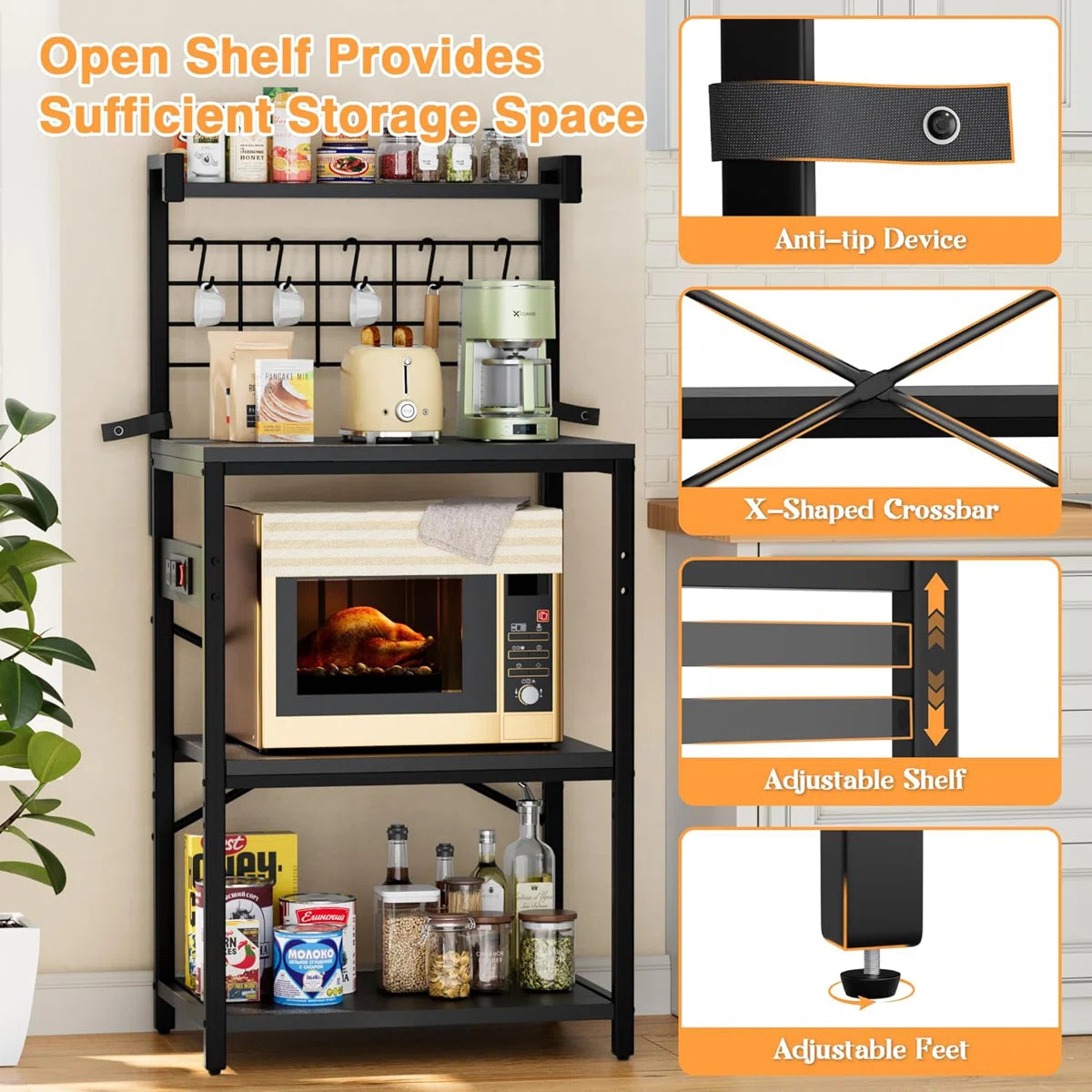 Kitchen Rack: 4-Tier Microwave Stand Heavy Duty Kitchen Baker’s Rack with Power Outlet
