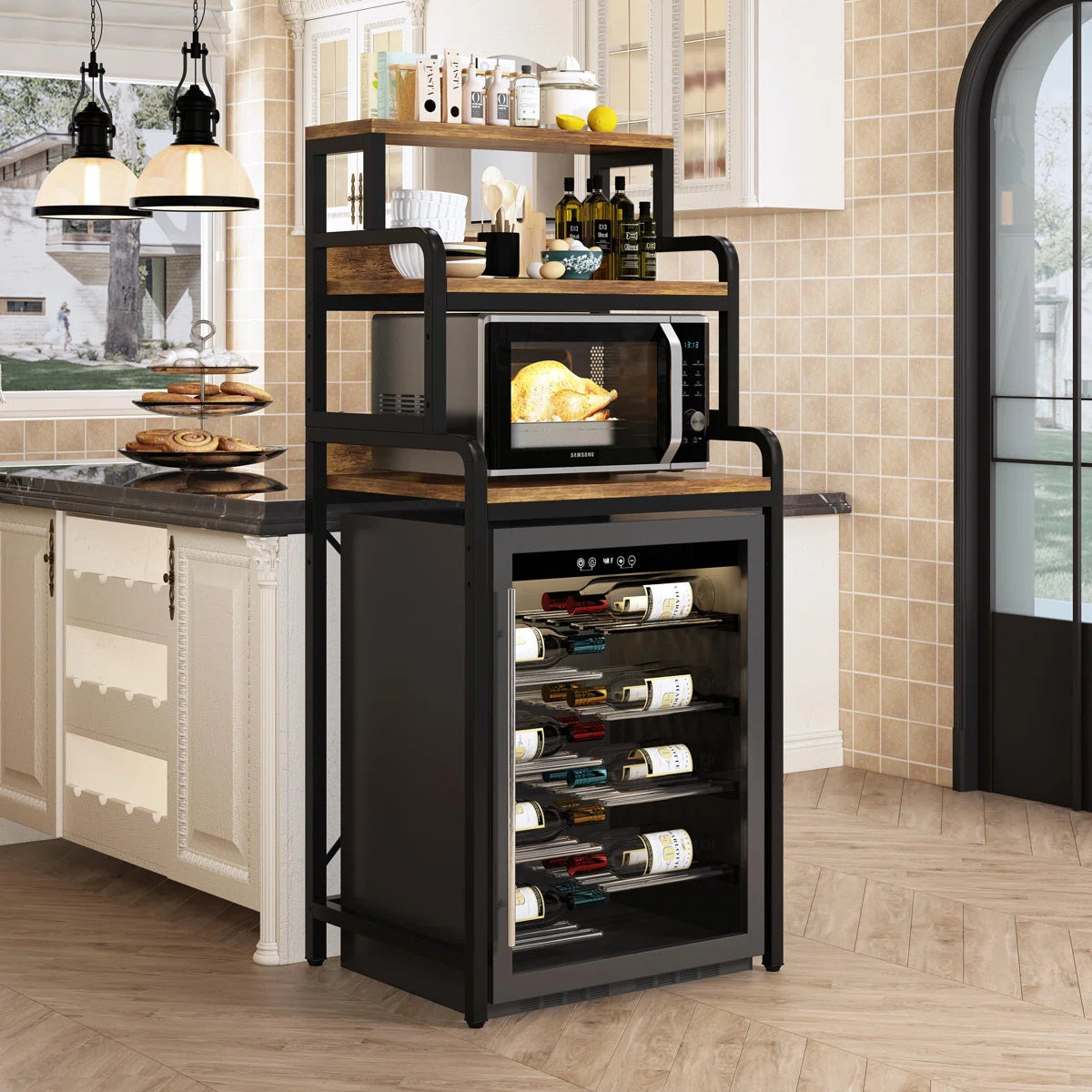 Kitchen Racks: 4-tier rustic brown kitchen rack for microwave, mini fridge, spices, pots, and pans