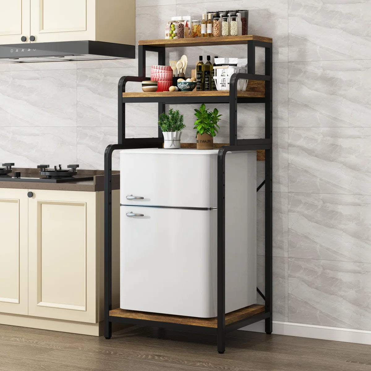 Kitchen Racks: 4-tier rustic brown kitchen rack for microwave, mini fridge, spices, pots, and pans