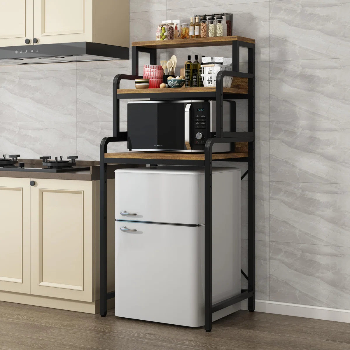 Kitchen Racks: 4-tier rustic brown kitchen rack for microwave, mini fridge, spices, pots, and pans