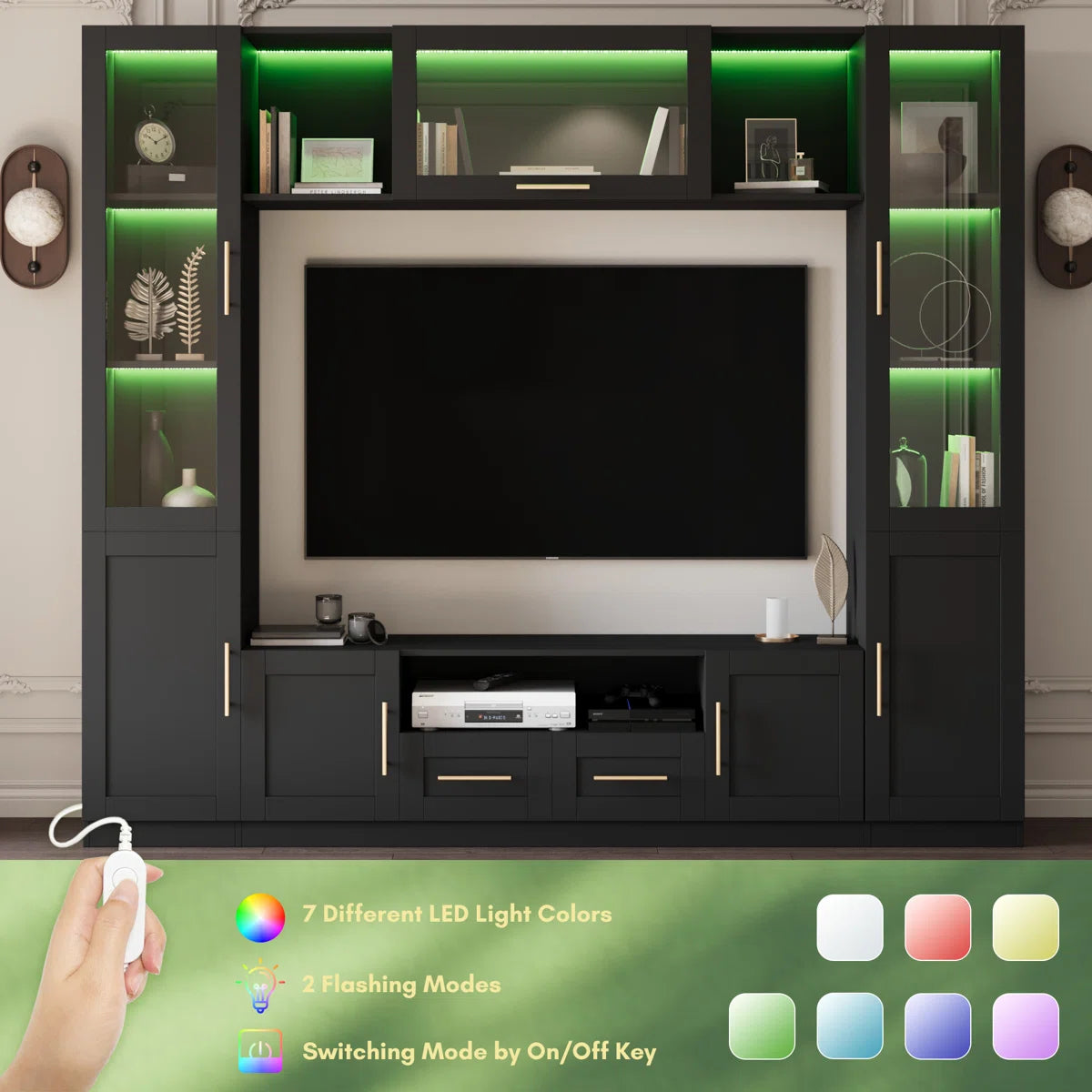 tv panel: 4-Piece Wall Unit tv panel with LED Lights, Fits TVs Up to 70"