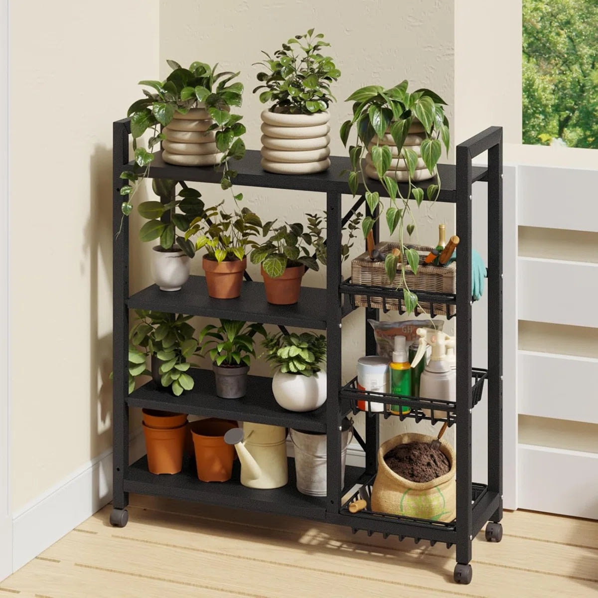 Kitchen Racks: 4-Tier Metal Storage Rack with Side Baskets and Bookshelves