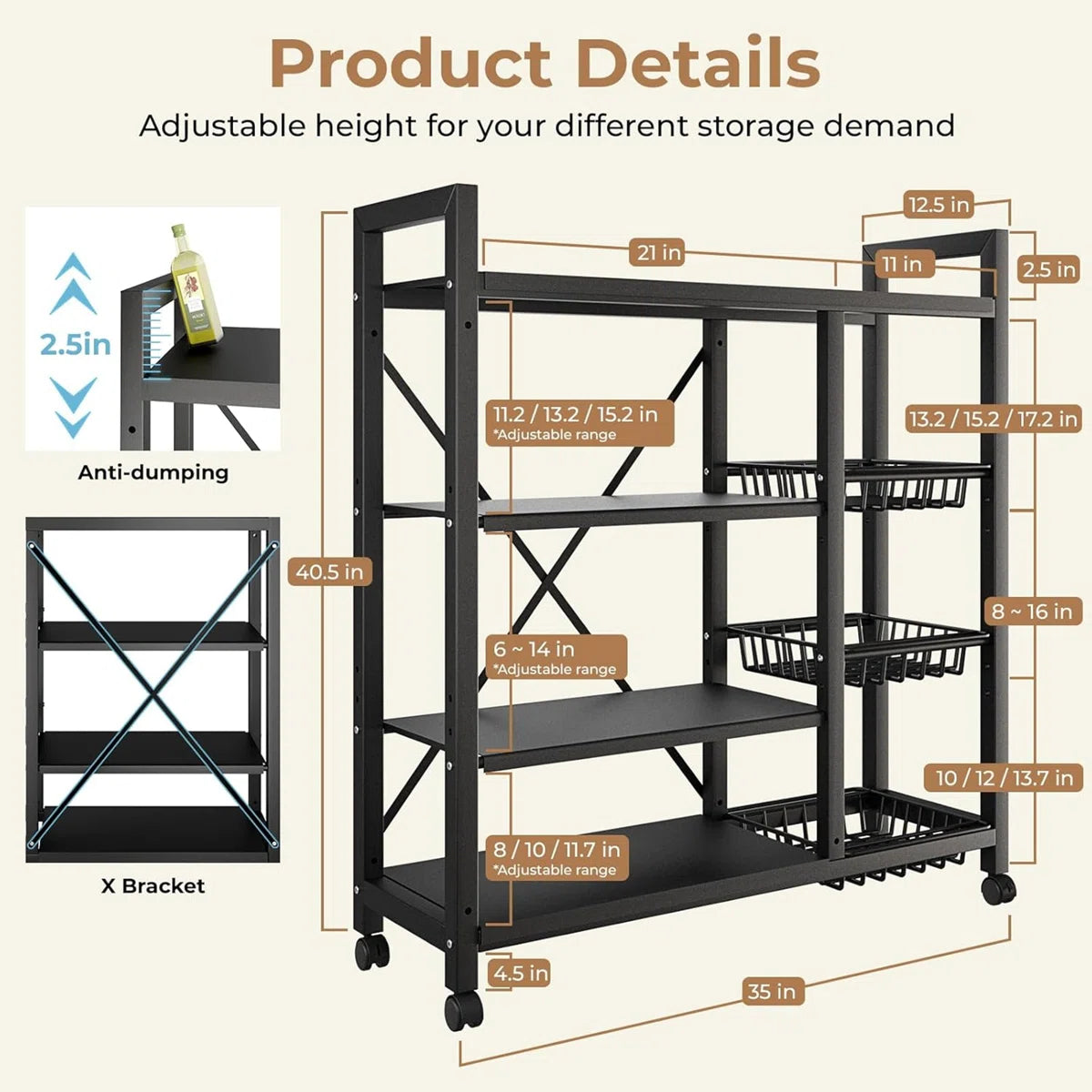 Kitchen Racks: 4-Tier Metal Storage Rack with Side Baskets and Bookshelves