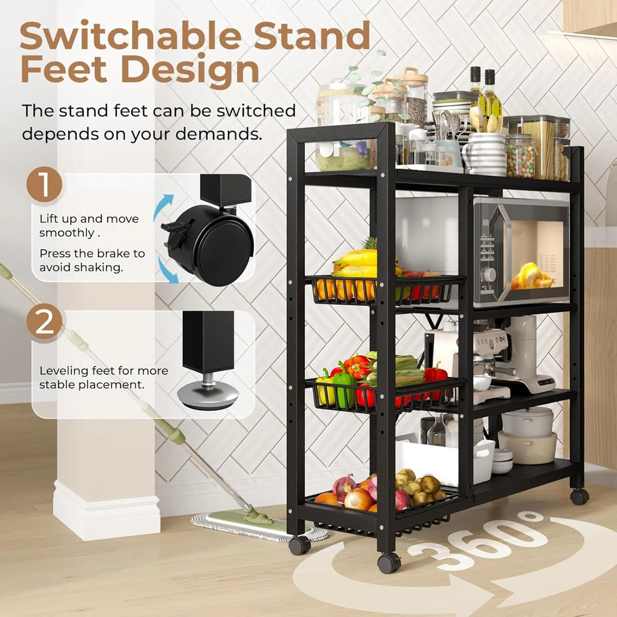 Kitchen Racks: 4-Tier Metal Storage Rack with Side Baskets and Bookshelves