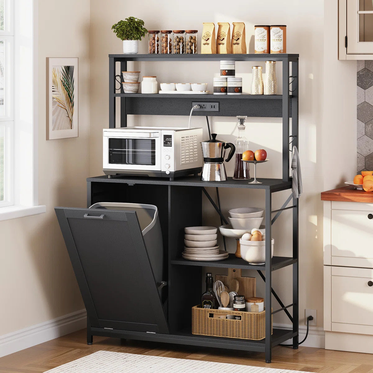 Kitchen Rack: 40.2" Baker's Rack with Trash Can Cabinet and Power Outlet