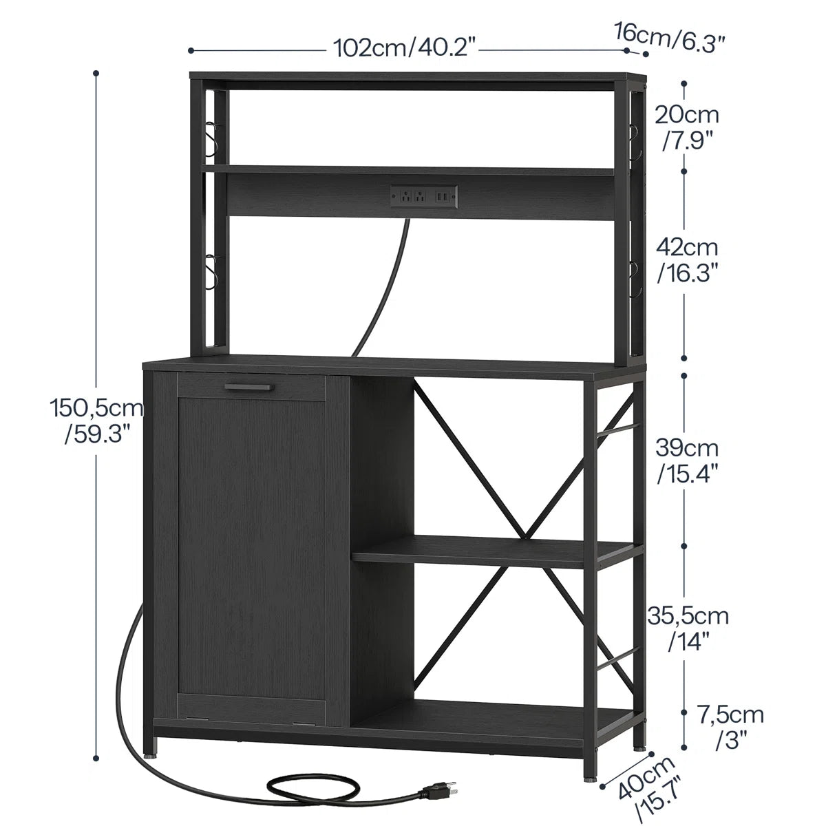Kitchen Rack: 40.2" Baker's Rack with Trash Can Cabinet and Power Outlet
