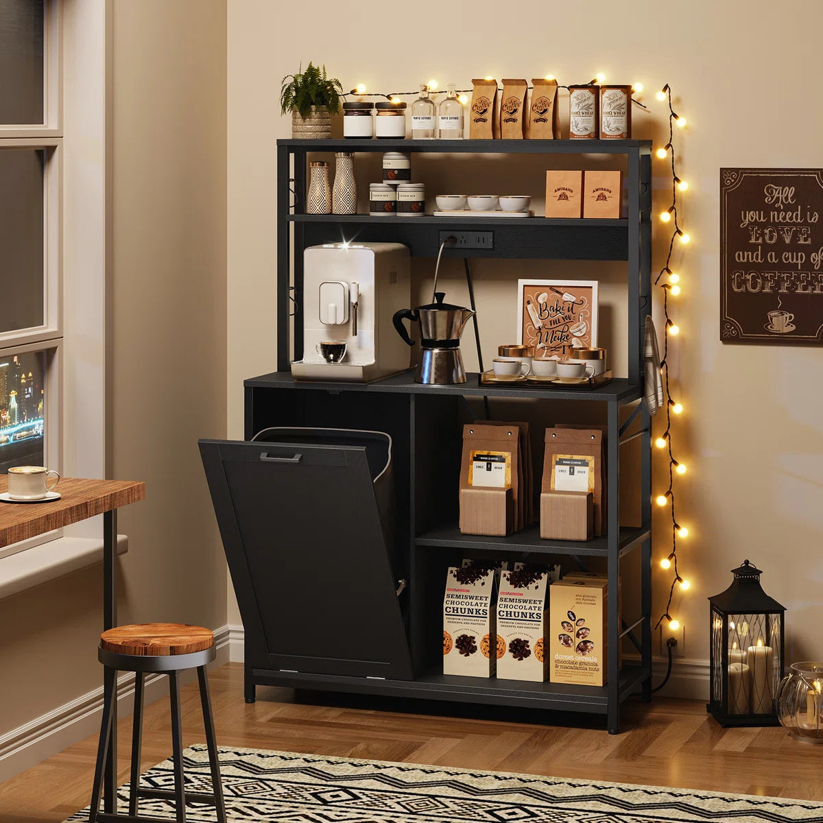 Kitchen Rack: 40.2" Baker's Rack with Trash Can Cabinet and Power Outlet