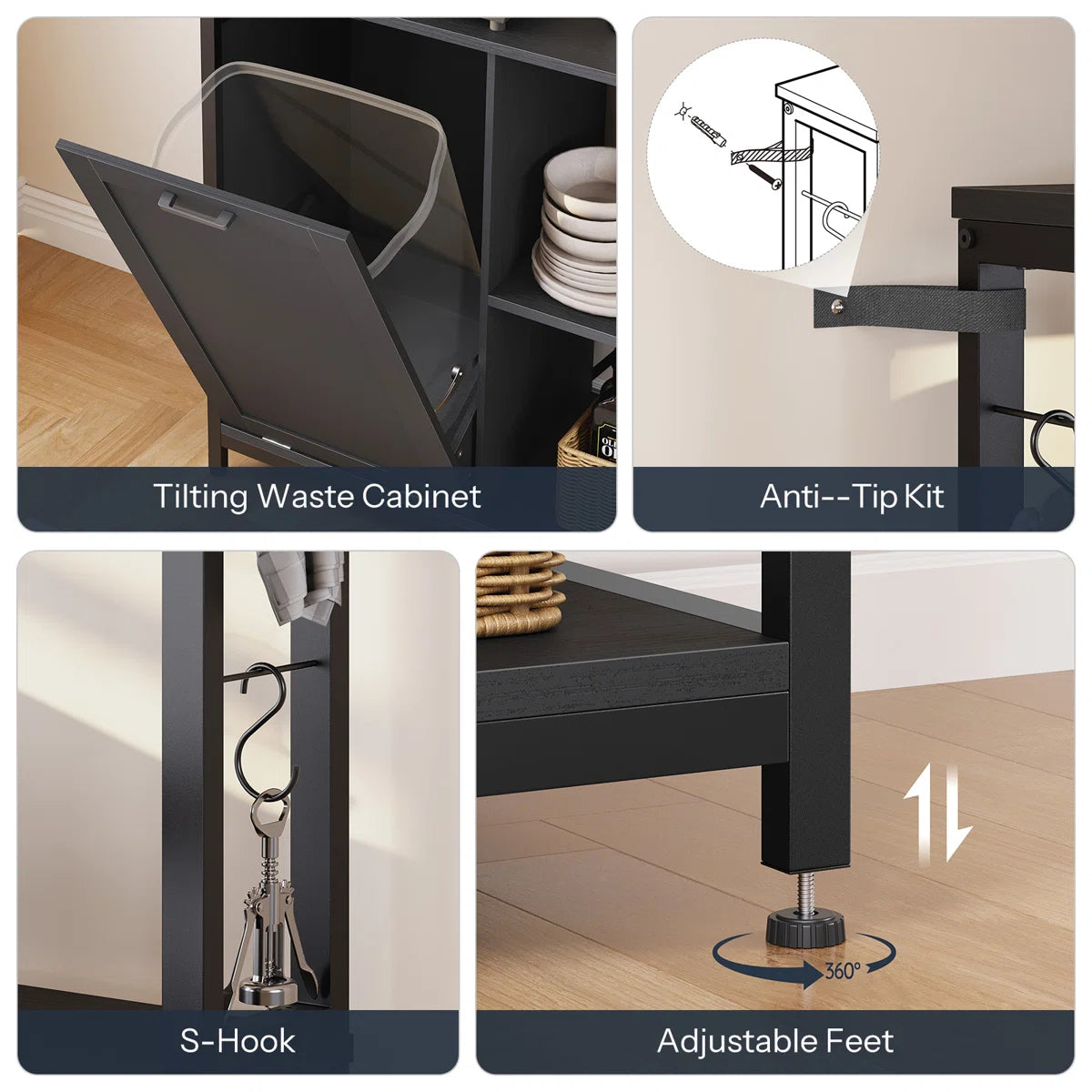 Kitchen Rack: 40.2" Baker's Rack with Trash Can Cabinet and Power Outlet