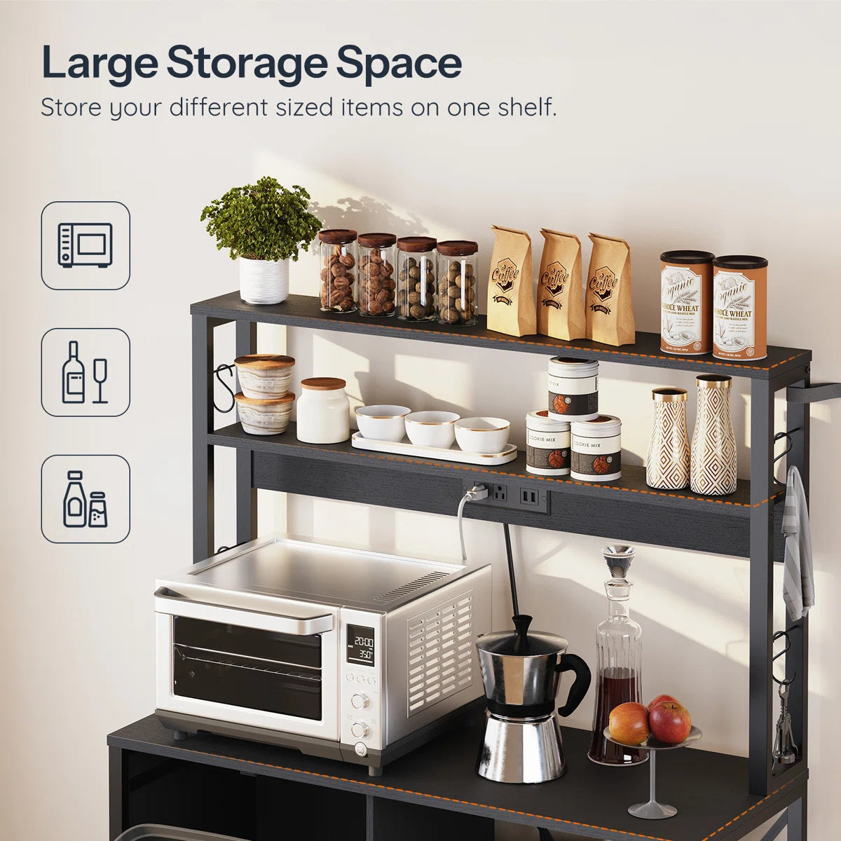 Kitchen Rack: 40.2" Baker's Rack with Trash Can Cabinet and Power Outlet