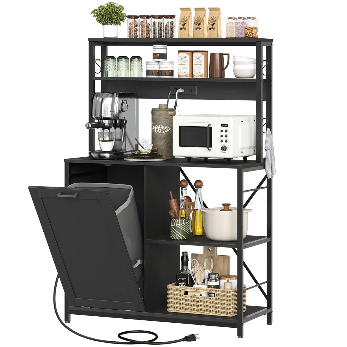 Kitchen Rack: 40.2" Baker's Rack with Trash Can Cabinet and Power Outlet