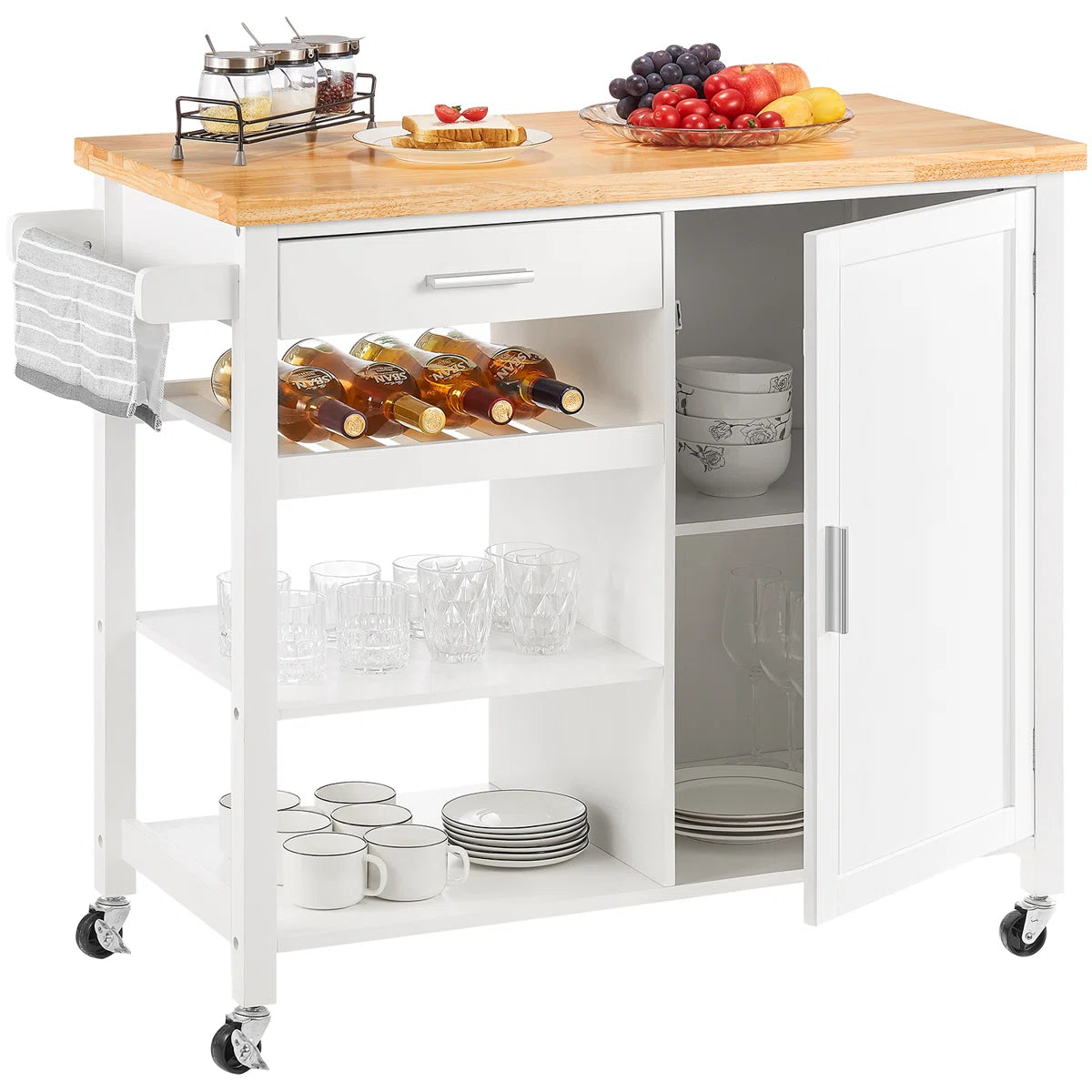 Kitchen Island Table with Drawer, Cabinet & Open Shelves – 41” wide Rolling Cart
