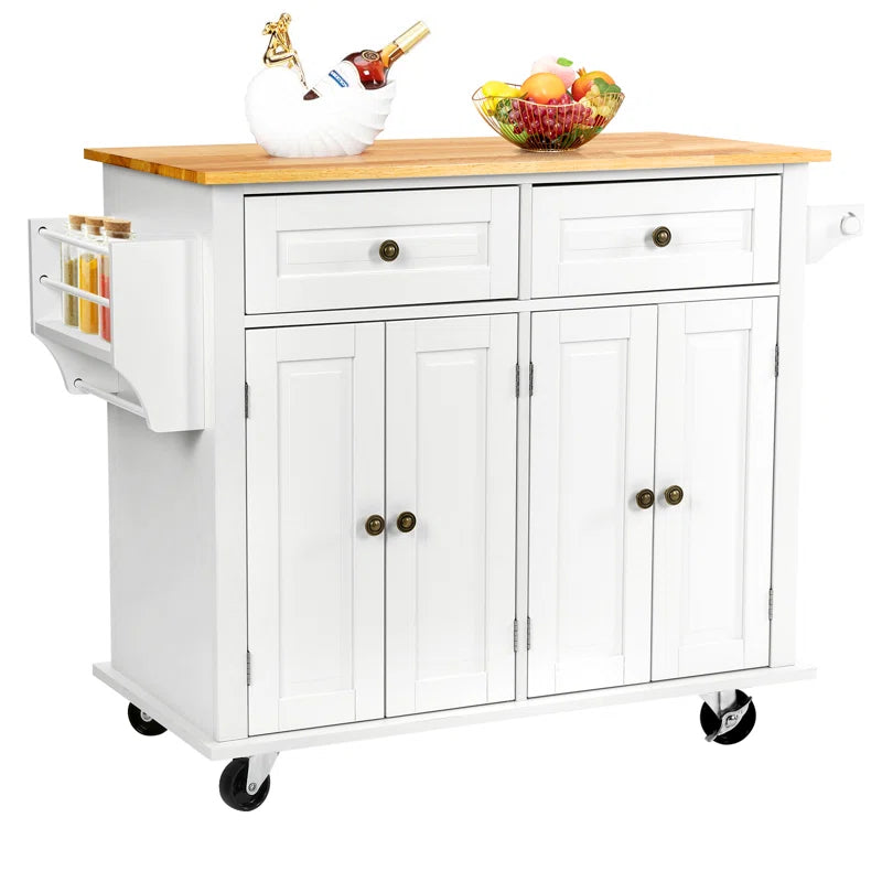 Kitchen Island Table: 43.3'' Wide Rolling Cart with Storage & Solid Wood Top