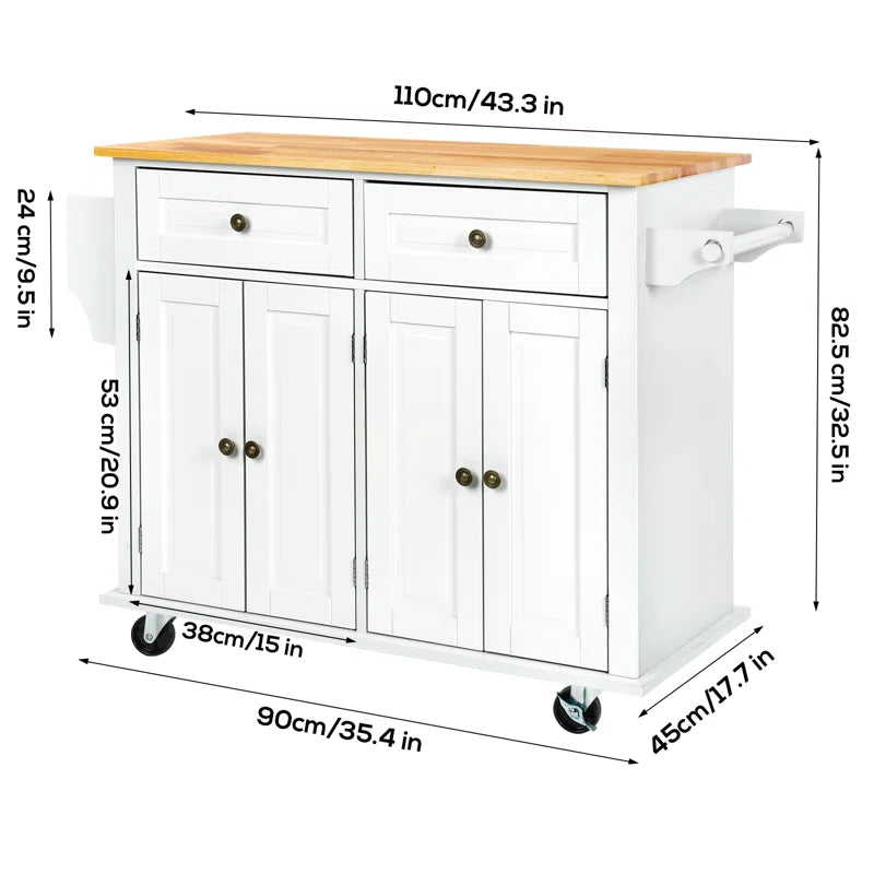 Kitchen Island Table: 43.3'' Wide Rolling Cart with Storage & Solid Wood Top