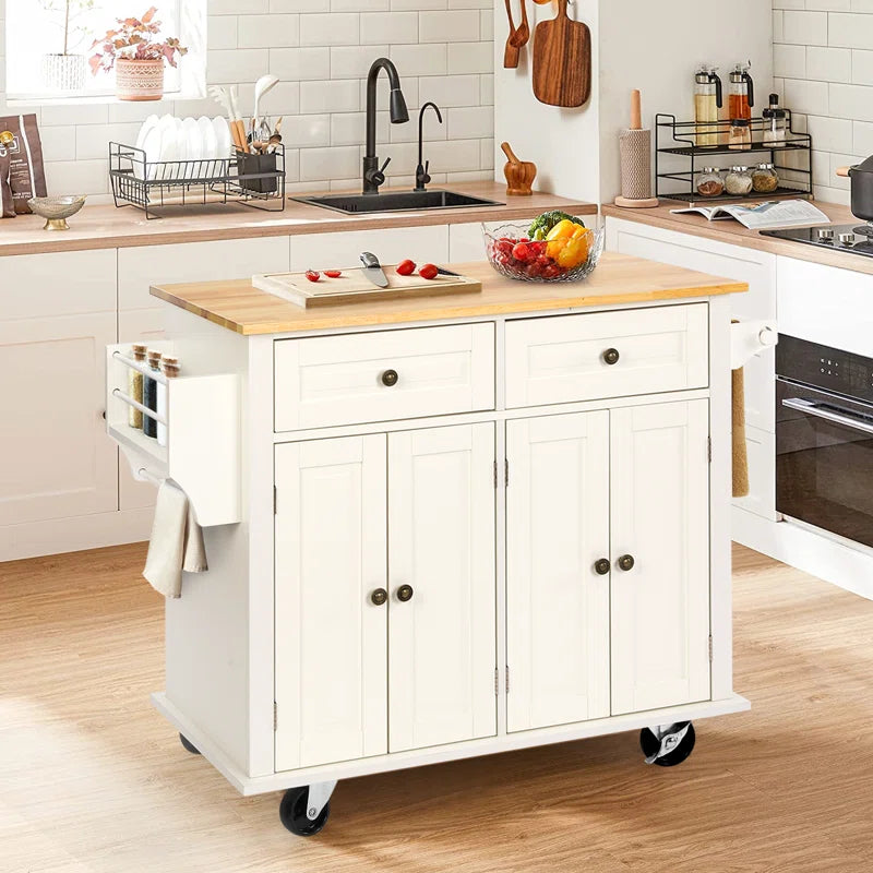 Kitchen Island Table: 43.3'' Wide Rolling Cart with Storage & Solid Wood Top