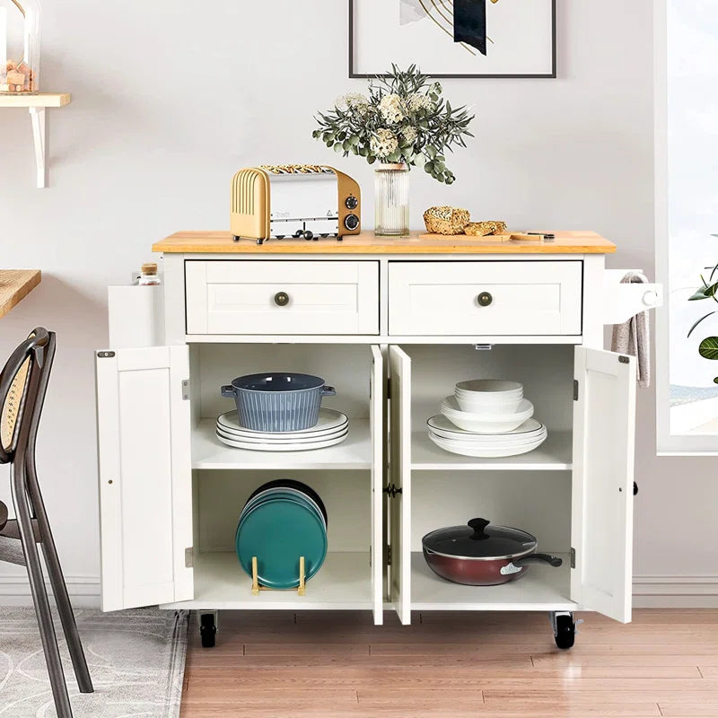 Kitchen Island Table: 43.3'' Wide Rolling Cart with Storage & Solid Wood Top