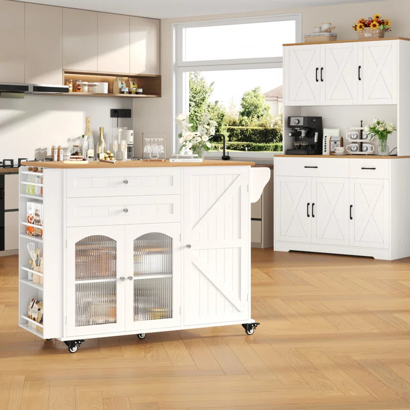 Kitchen Island Table: 43.3'' Drop Leaf Kitchen Cart with Cabinets & Spice Rack