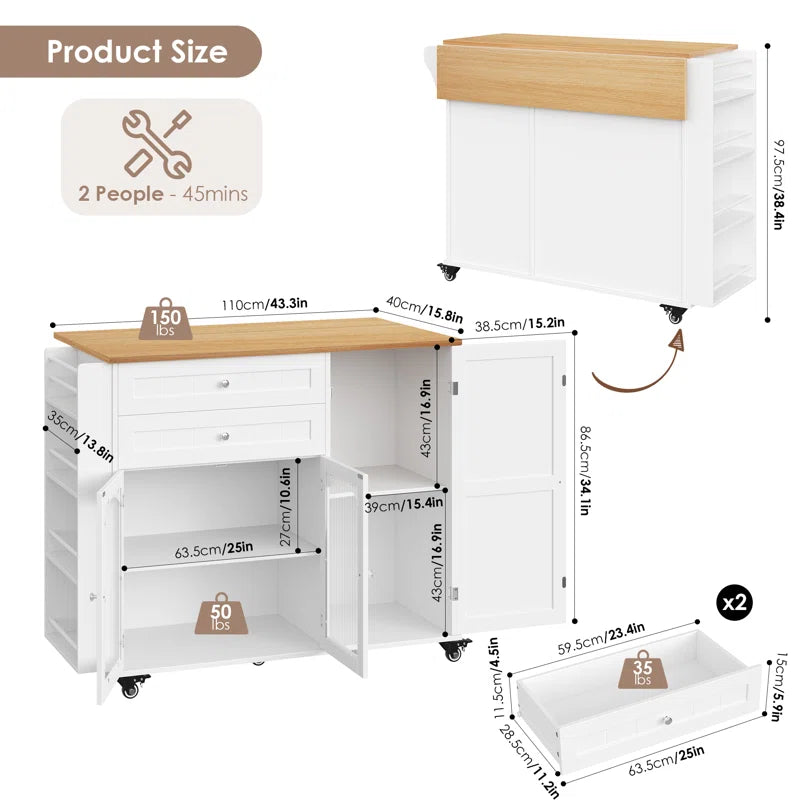 Kitchen Island Table: 43.3'' Drop Leaf Kitchen Cart with Cabinets & Spice Rack