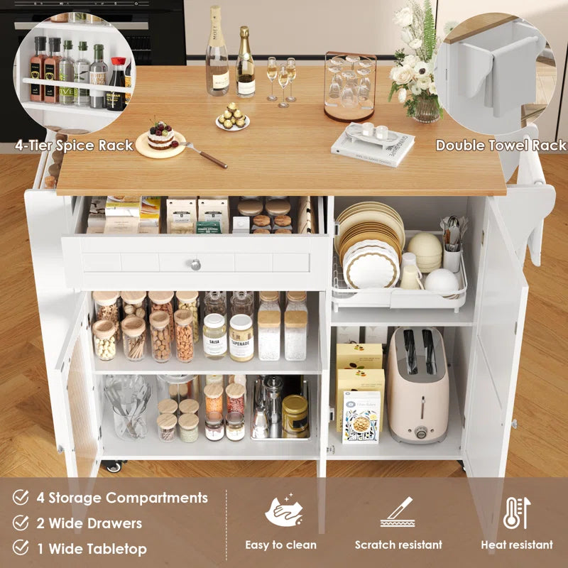 Kitchen Island Table: 43.3'' Drop Leaf Kitchen Cart with Cabinets & Spice Rack