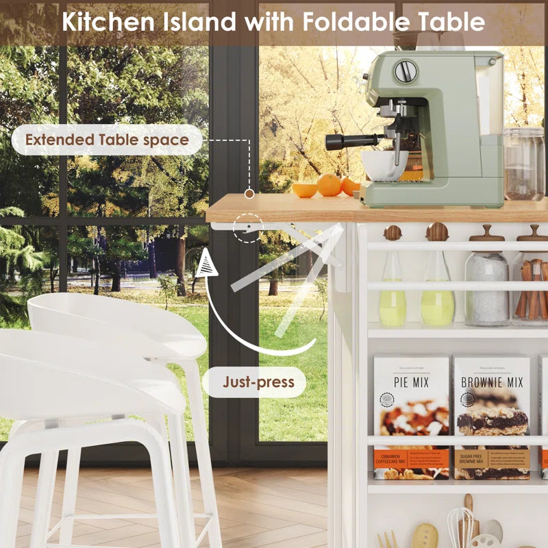 Kitchen Island Table: 43.3'' Drop Leaf Kitchen Cart with Cabinets & Spice Rack