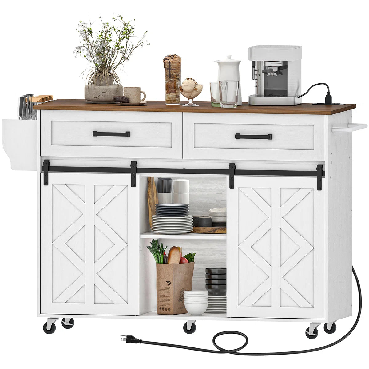 Kitchen Island Table: 47.2” Mobile Cart with Barn Doors, Drawers & Built-in Power Outlet