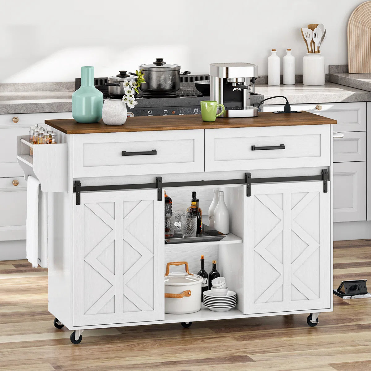 Kitchen Island Table: 47.2” Mobile Cart with Barn Doors, Drawers & Built-in Power Outlet