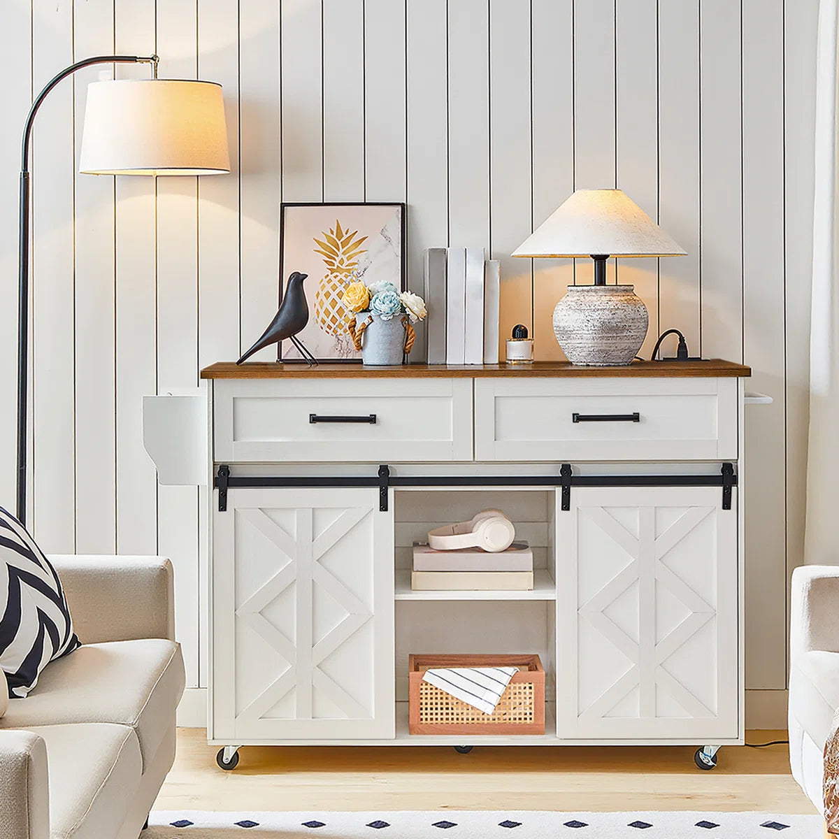 Kitchen Island Table: 47.2” Mobile Cart with Barn Doors, Drawers & Built-in Power Outlet