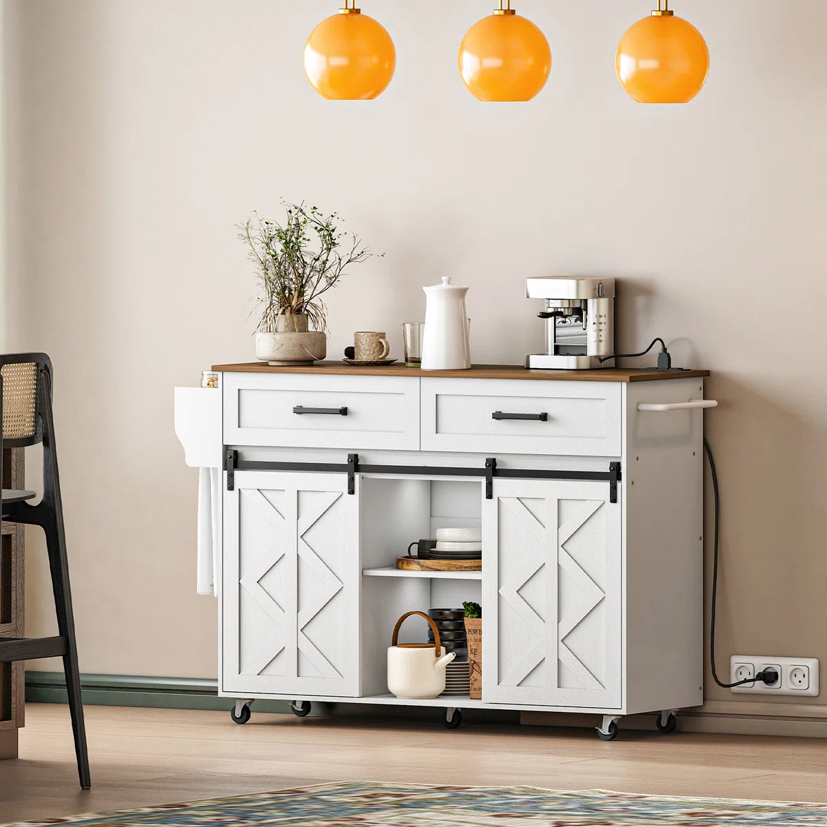 Kitchen Island Table: 47.2” Mobile Cart with Barn Doors, Drawers & Built-in Power Outlet