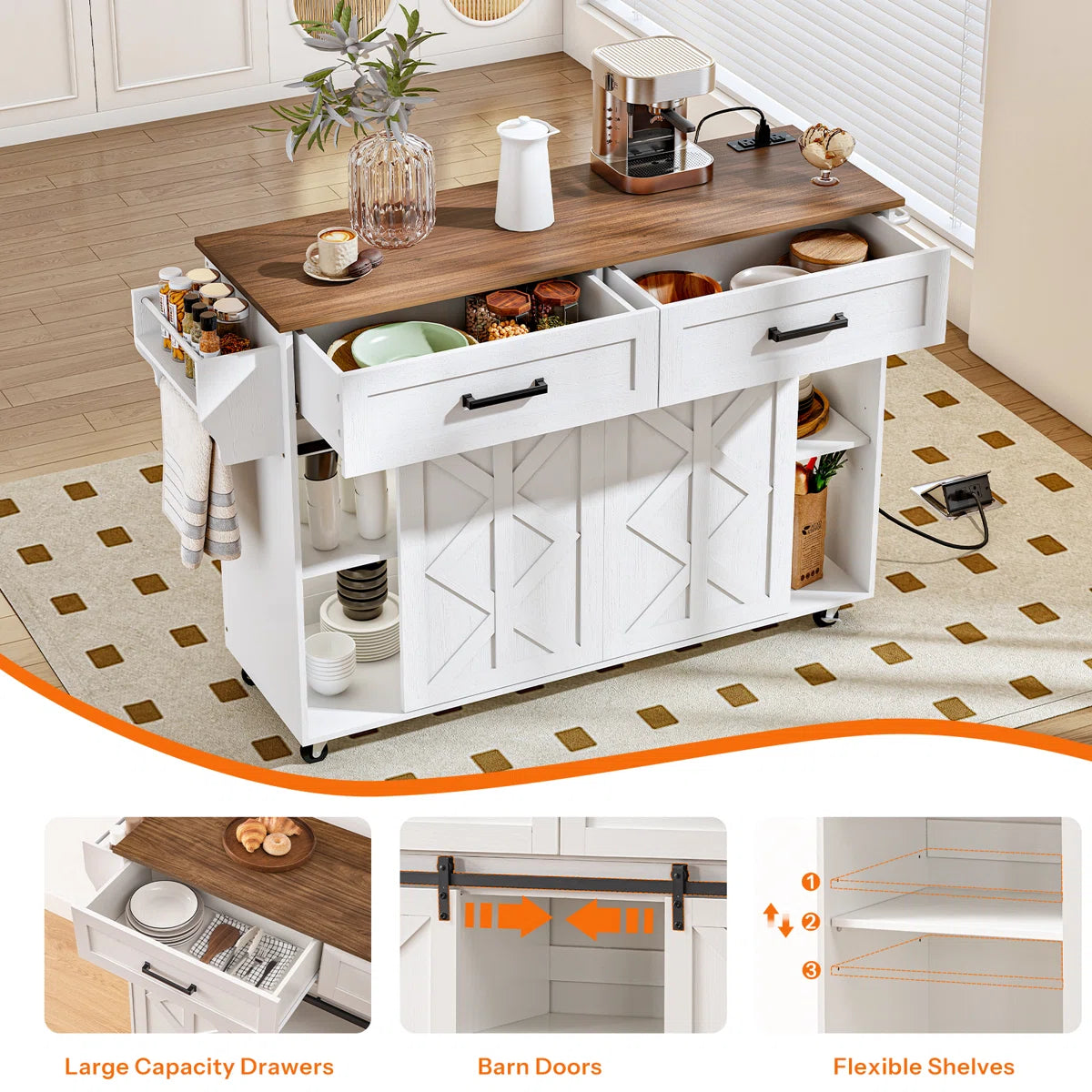 Kitchen Island Table: 47.2” Mobile Cart with Barn Doors, Drawers & Built-in Power Outlet
