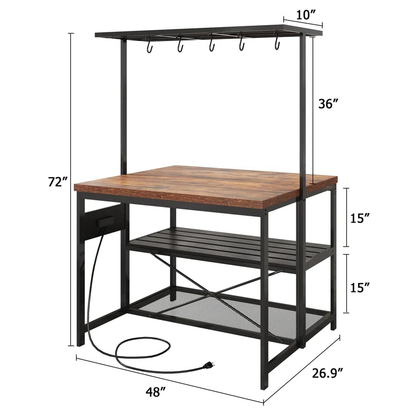 Kitchen Rack: 47'' Baker's rack with storage, 5 hooks, and Large Kitchen Island with Power Outlet