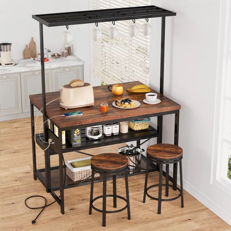 Kitchen Rack: 47'' Baker's rack with storage, 5 hooks, and Large Kitchen Island with Power Outlet