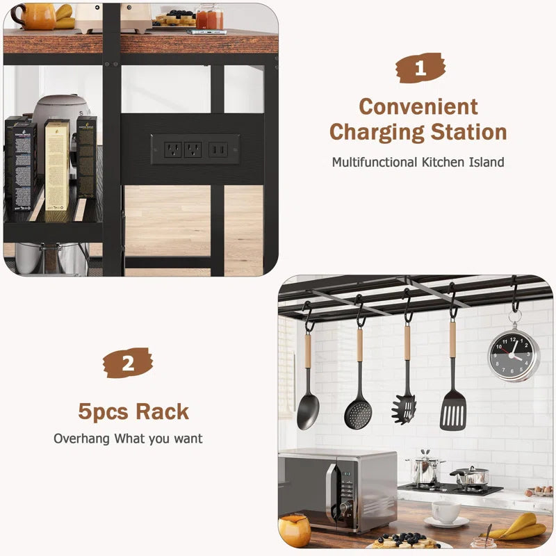 Kitchen Rack: 47'' Baker's rack with storage, 5 hooks, and Large Kitchen Island with Power Outlet