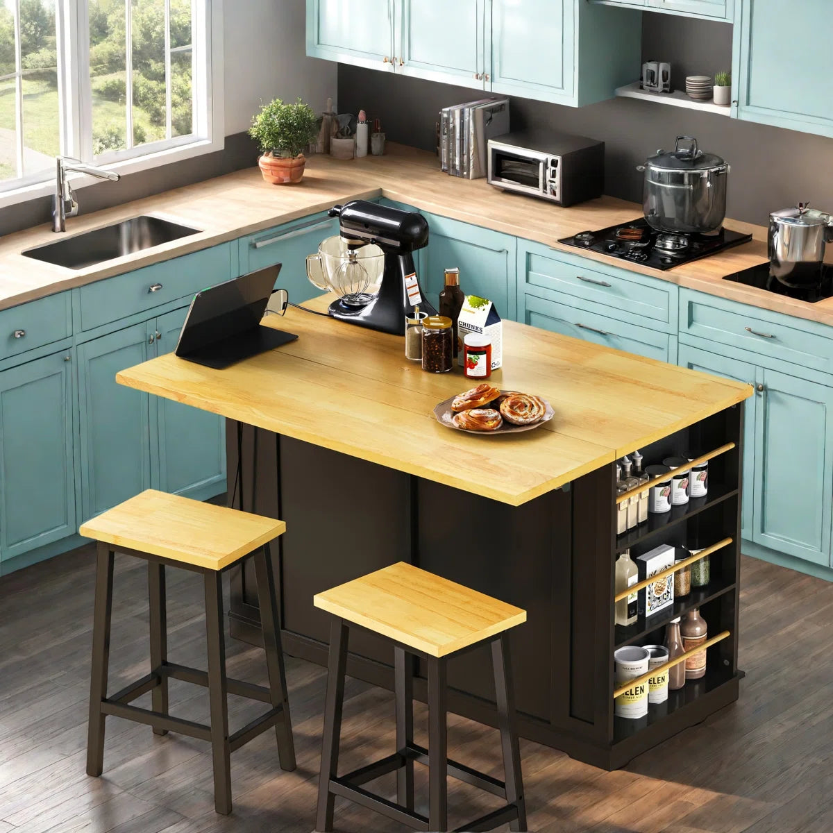 Kitchen Island Table Set with Drop Leaf, Power Outlet & Storage – 48" Multi-Functional Unit