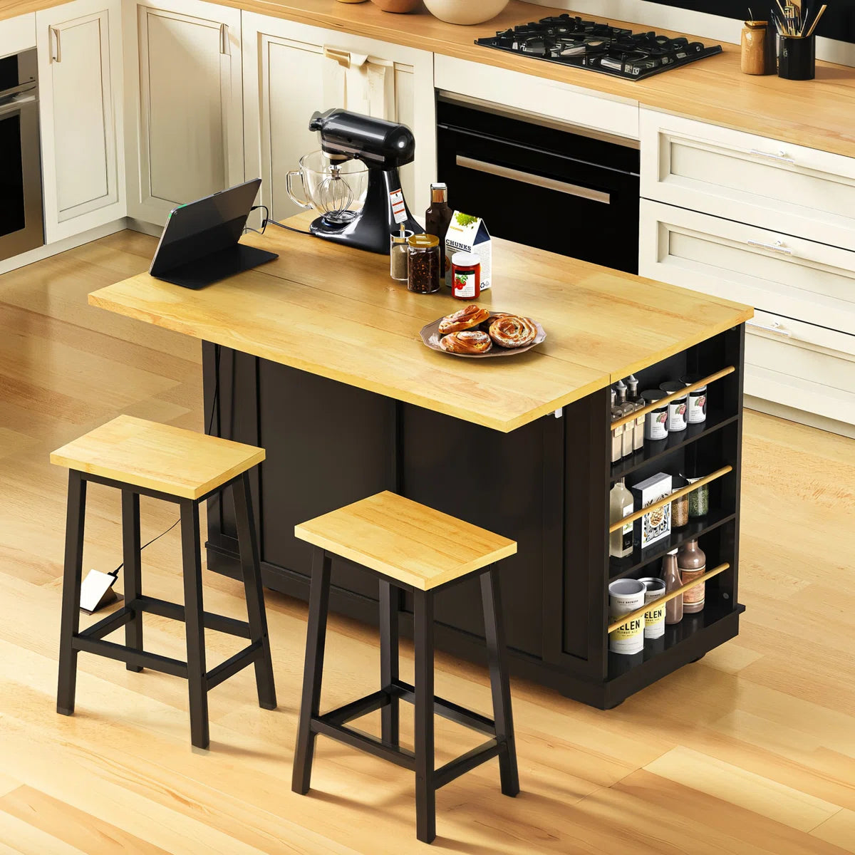 Kitchen Island Table Set with Drop Leaf, Power Outlet & Storage – 48" Multi-Functional Unit