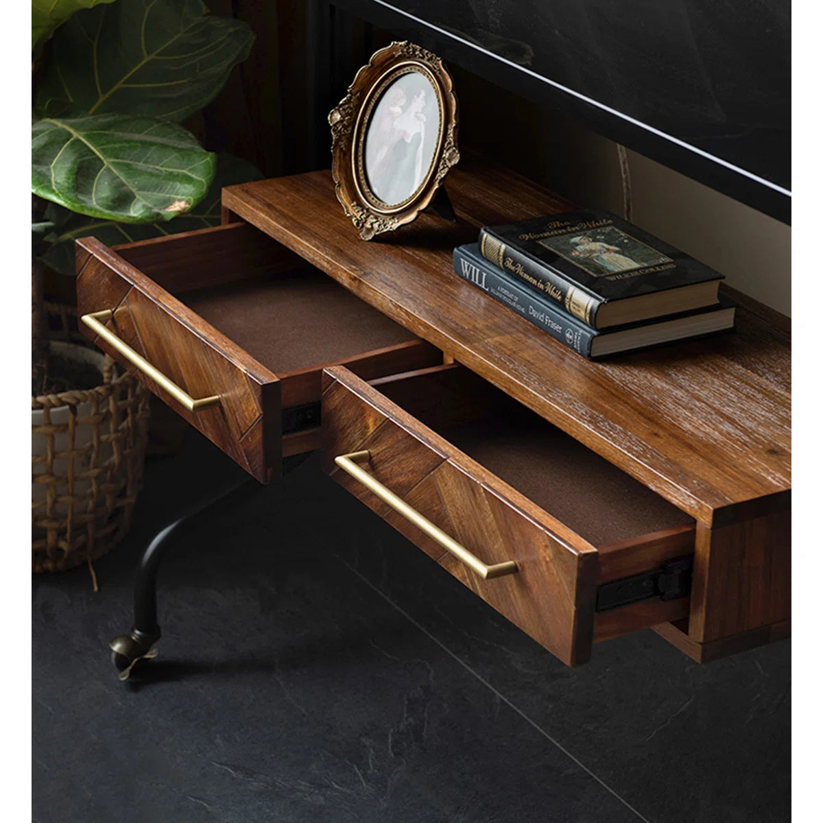 tv panel: 49.21" Black and Brown Solid Wood tv panel with Rectangular Frame