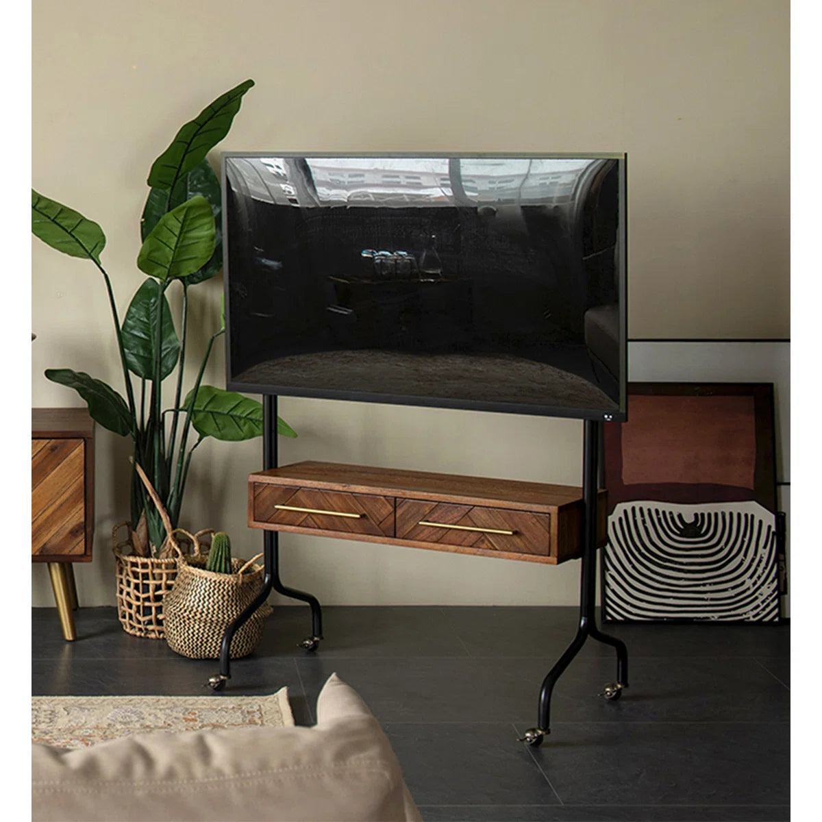 tv panel: 49.21" Black and Brown Solid Wood tv panel with Rectangular Frame