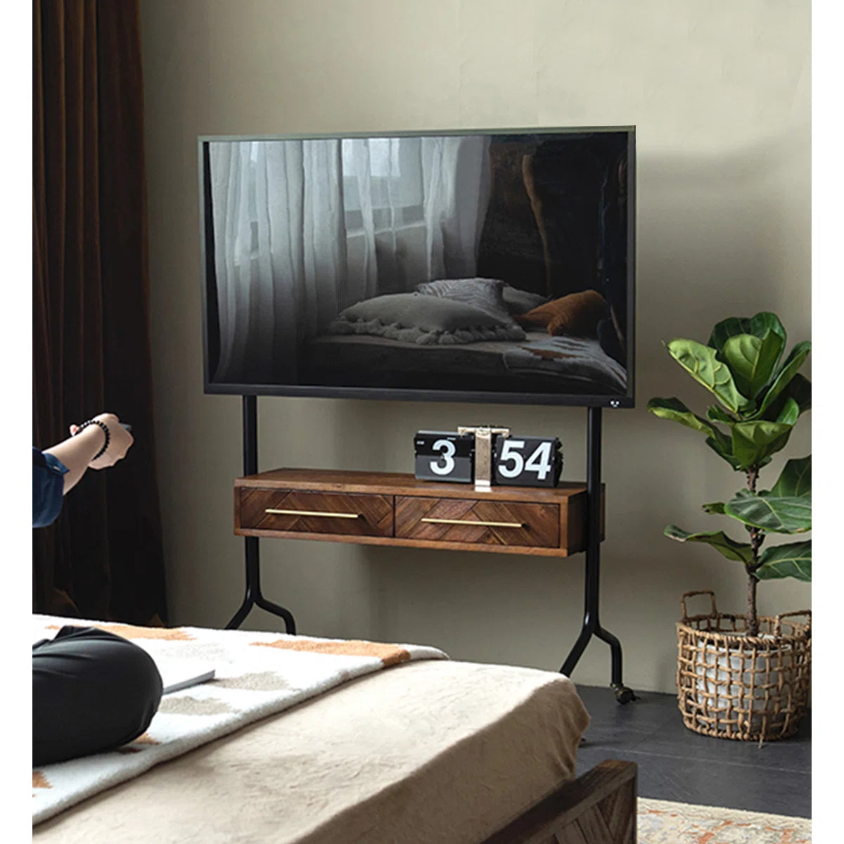 tv panel: 49.21" Black and Brown Solid Wood tv panel with Rectangular Frame