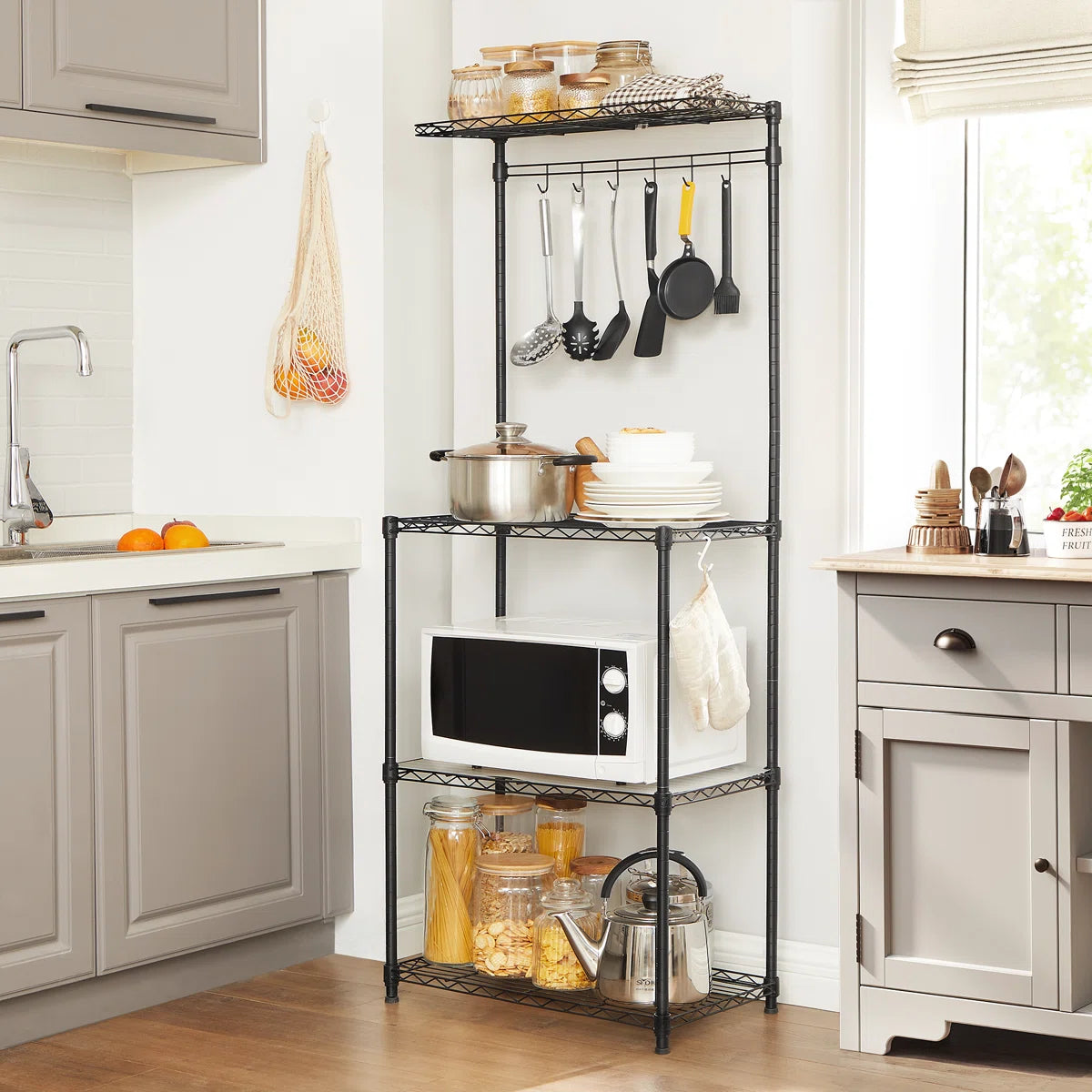 Kitchen Rack: 4 Shelves Kitchen Storage Rack, Adjustable Microwave Stand, and Baker’s Rack 6 Hooks