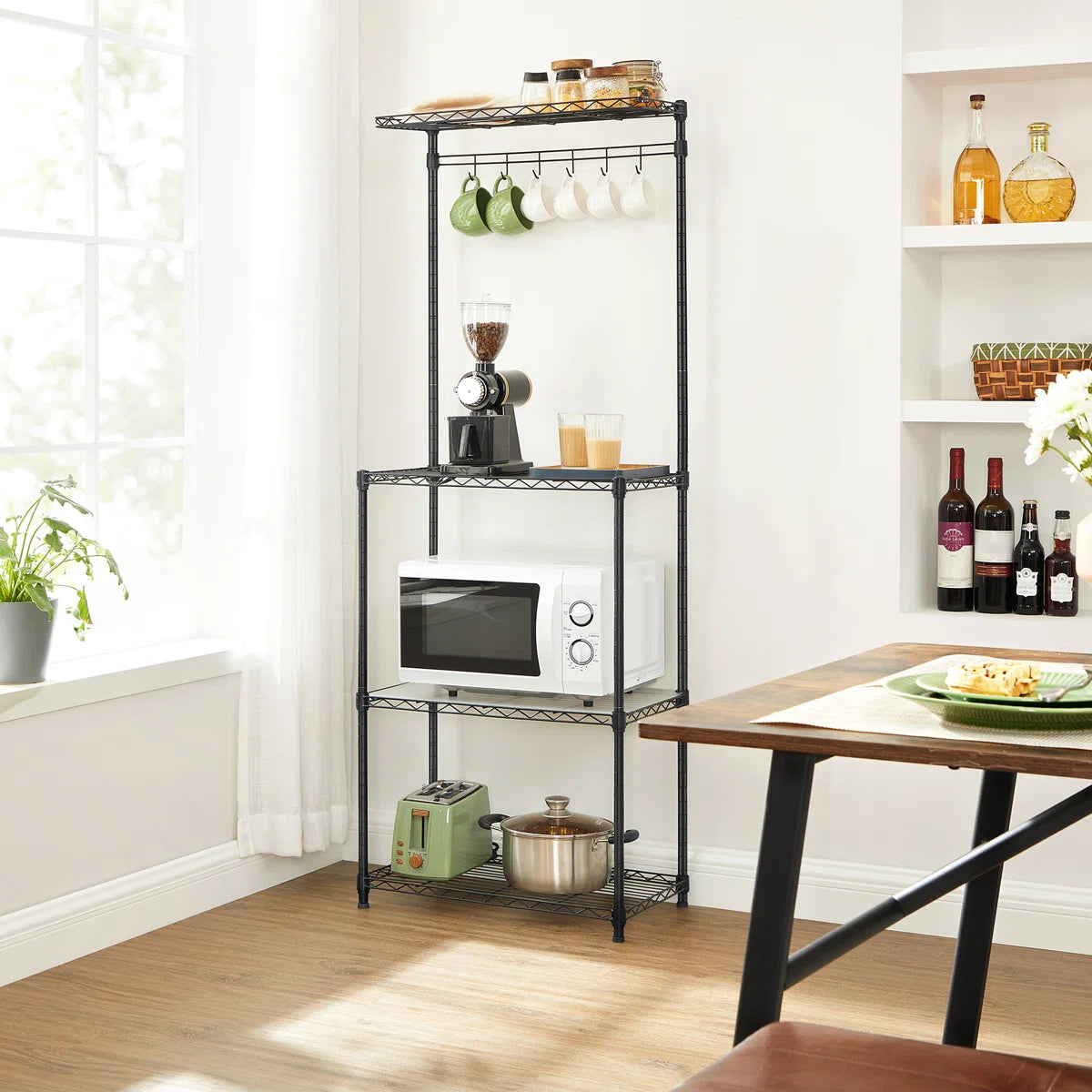 Kitchen Rack: 4 Shelves Kitchen Storage Rack, Adjustable Microwave Stand, and Baker’s Rack 6 Hooks