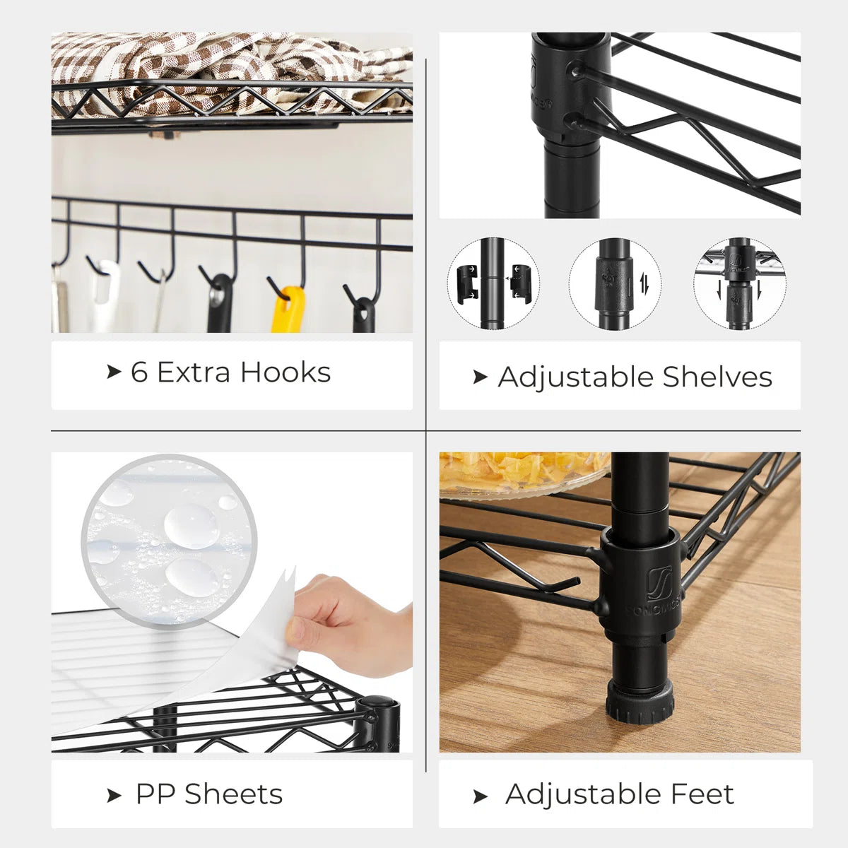 Kitchen Rack: 4 Shelves Kitchen Storage Rack, Adjustable Microwave Stand, and Baker’s Rack 6 Hooks