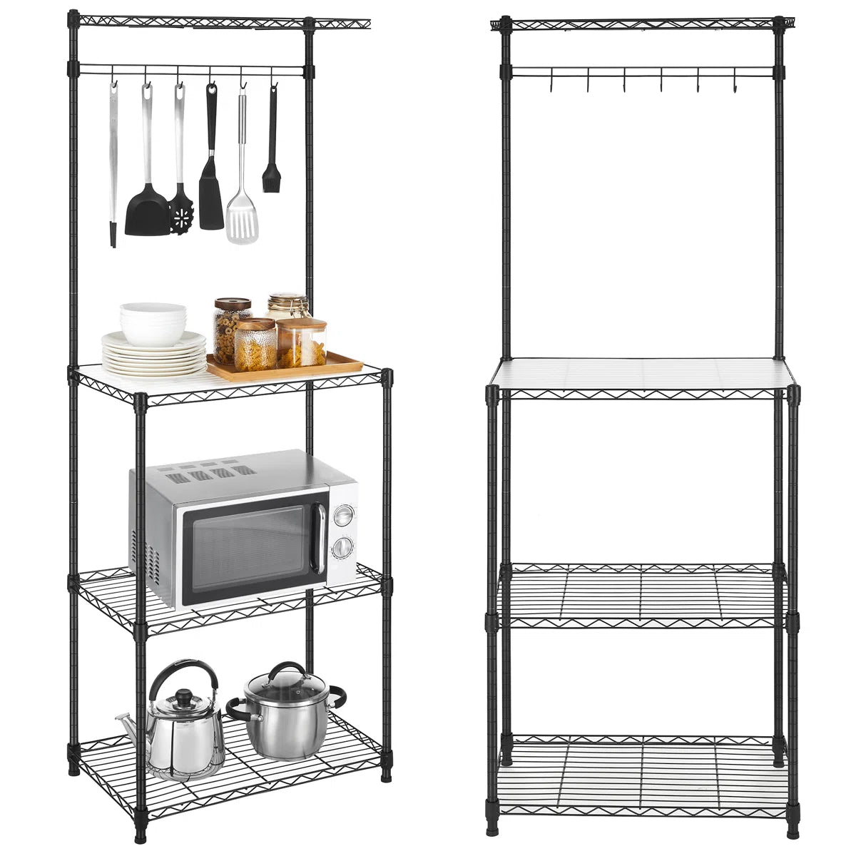 Kitchen Rack: 4 Shelves Kitchen Storage Rack, Adjustable Microwave Stand, and Baker’s Rack 6 Hooks
