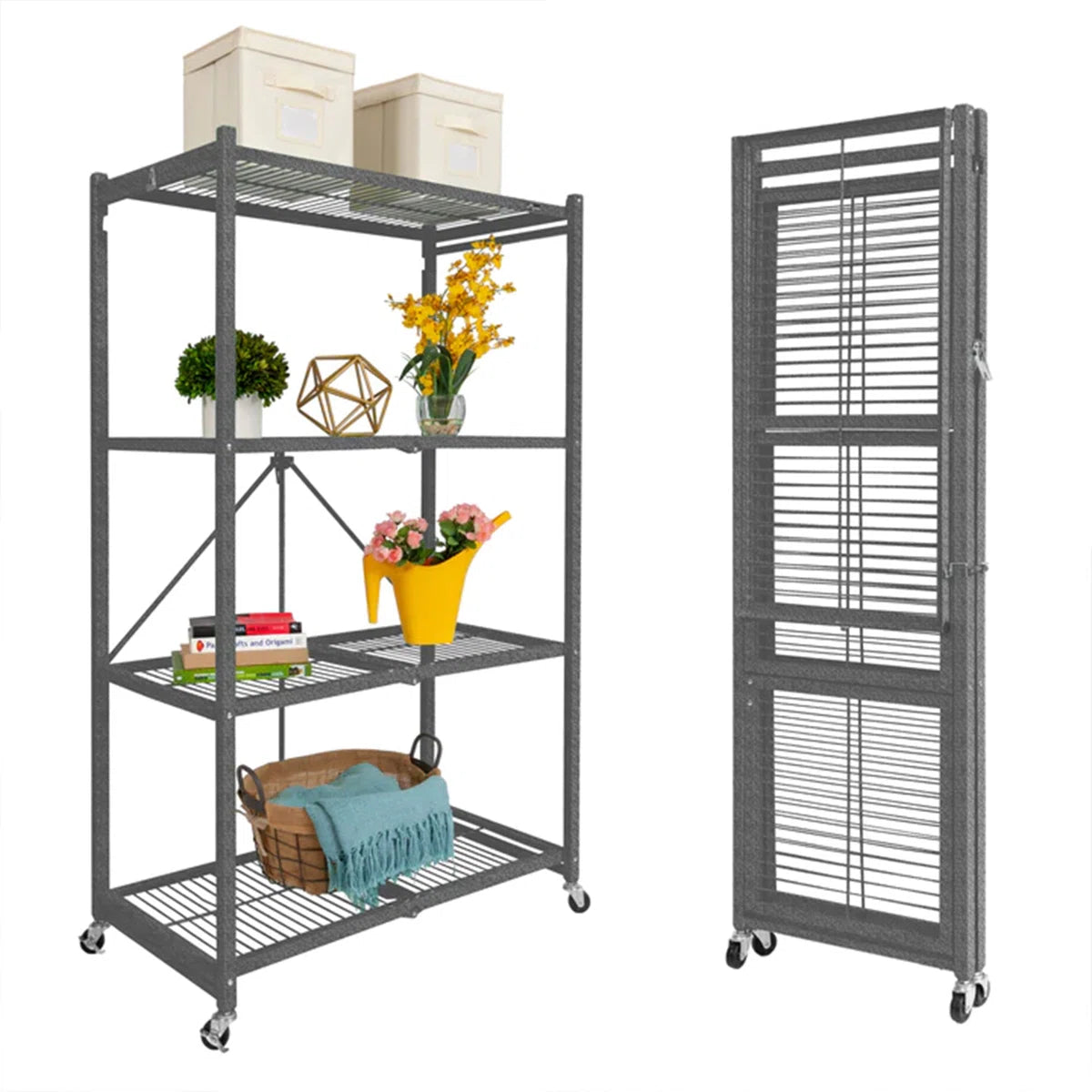 Kitchen Rack: 4 Tier Multipurpose Folding Storage Organizing Rack with Wheels