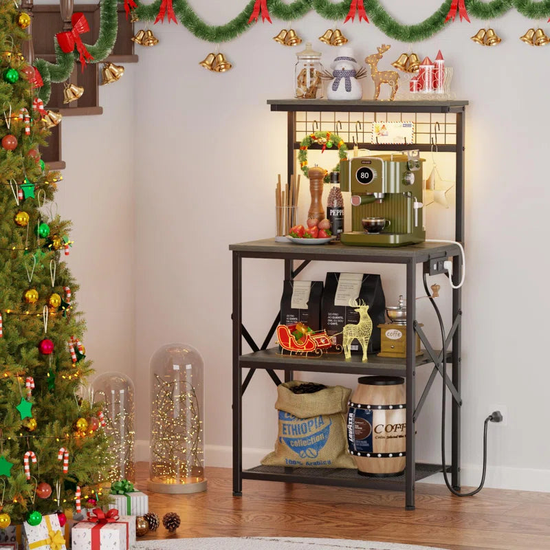 Kitchen Racks: 4 - Tier Bakers Rack Featuring Power Outlet & LED Light: Microwave Stand with 6 S Hooks for Kitchen Storage