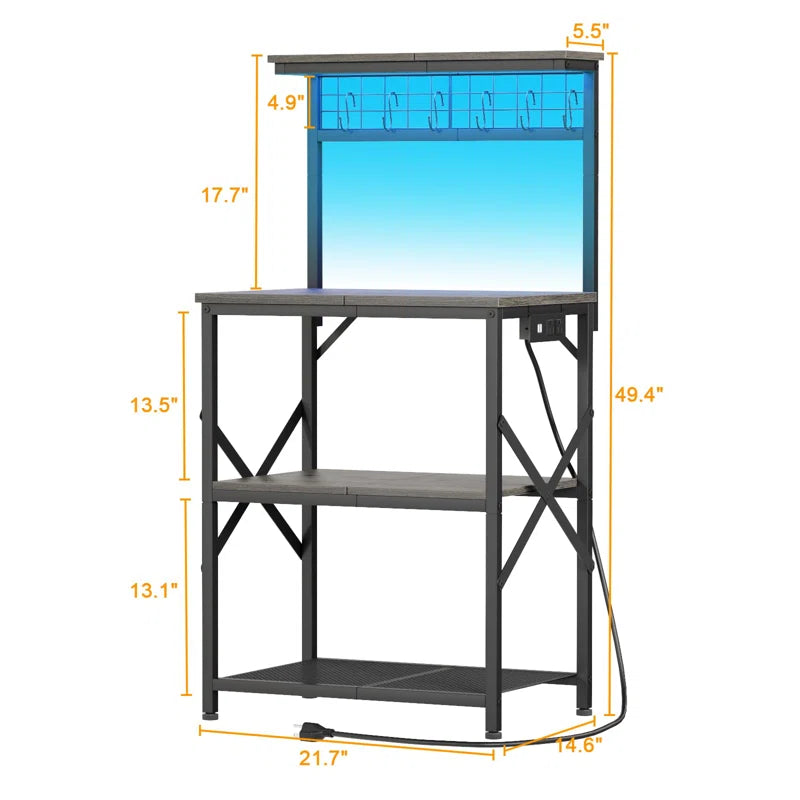 Kitchen Racks: 4 - Tier Bakers Rack Featuring Power Outlet & LED Light: Microwave Stand with 6 S Hooks for Kitchen Storage
