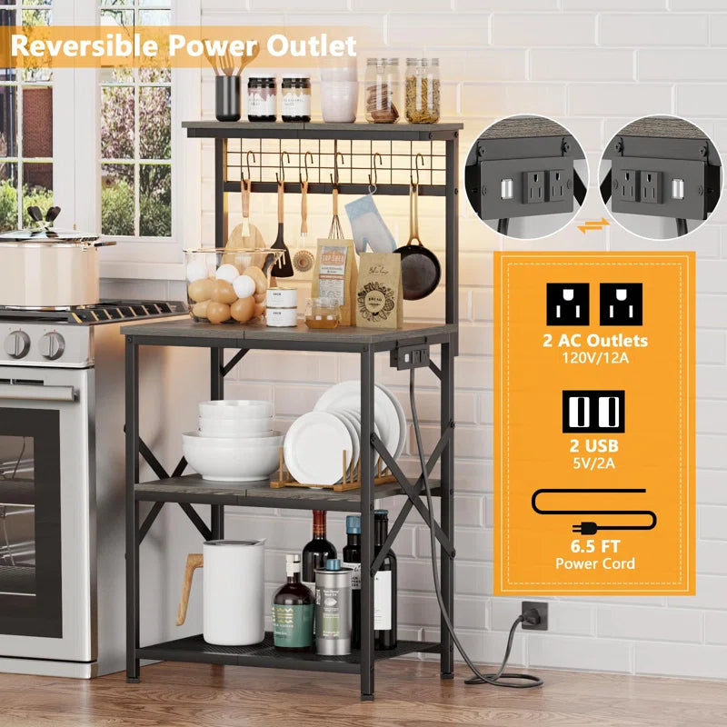 Kitchen Racks: 4 - Tier Bakers Rack Featuring Power Outlet & LED Light: Microwave Stand with 6 S Hooks for Kitchen Storage