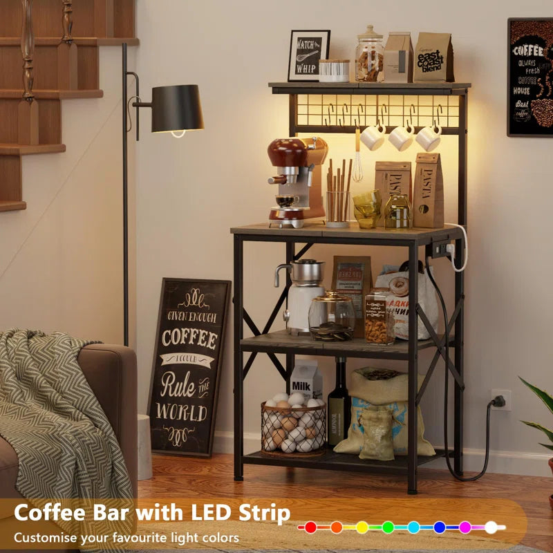 Kitchen Racks: 4 - Tier Bakers Rack Featuring Power Outlet & LED Light: Microwave Stand with 6 S Hooks for Kitchen Storage