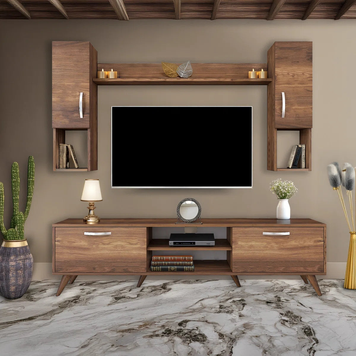 tv panel: 4 Pieces tv panel for Tvs up to 78'' With Wall Cabinets and Shelf