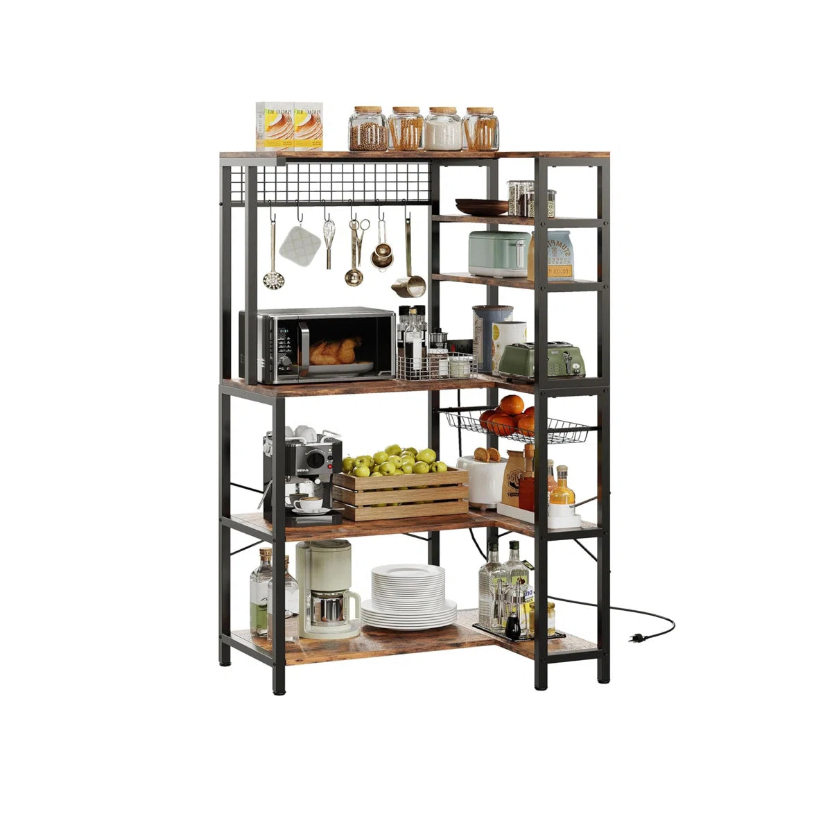 Kitchen Rack: 5-Tier Corner Microwave Stand with Storage, with 6 S-Shaped Hooks