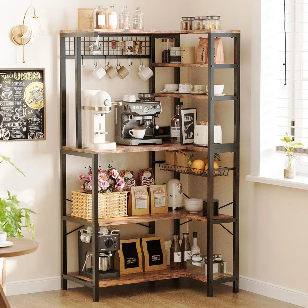Kitchen Rack: 5-Tier Corner Microwave Stand with Storage, with 6 S-Shaped Hooks